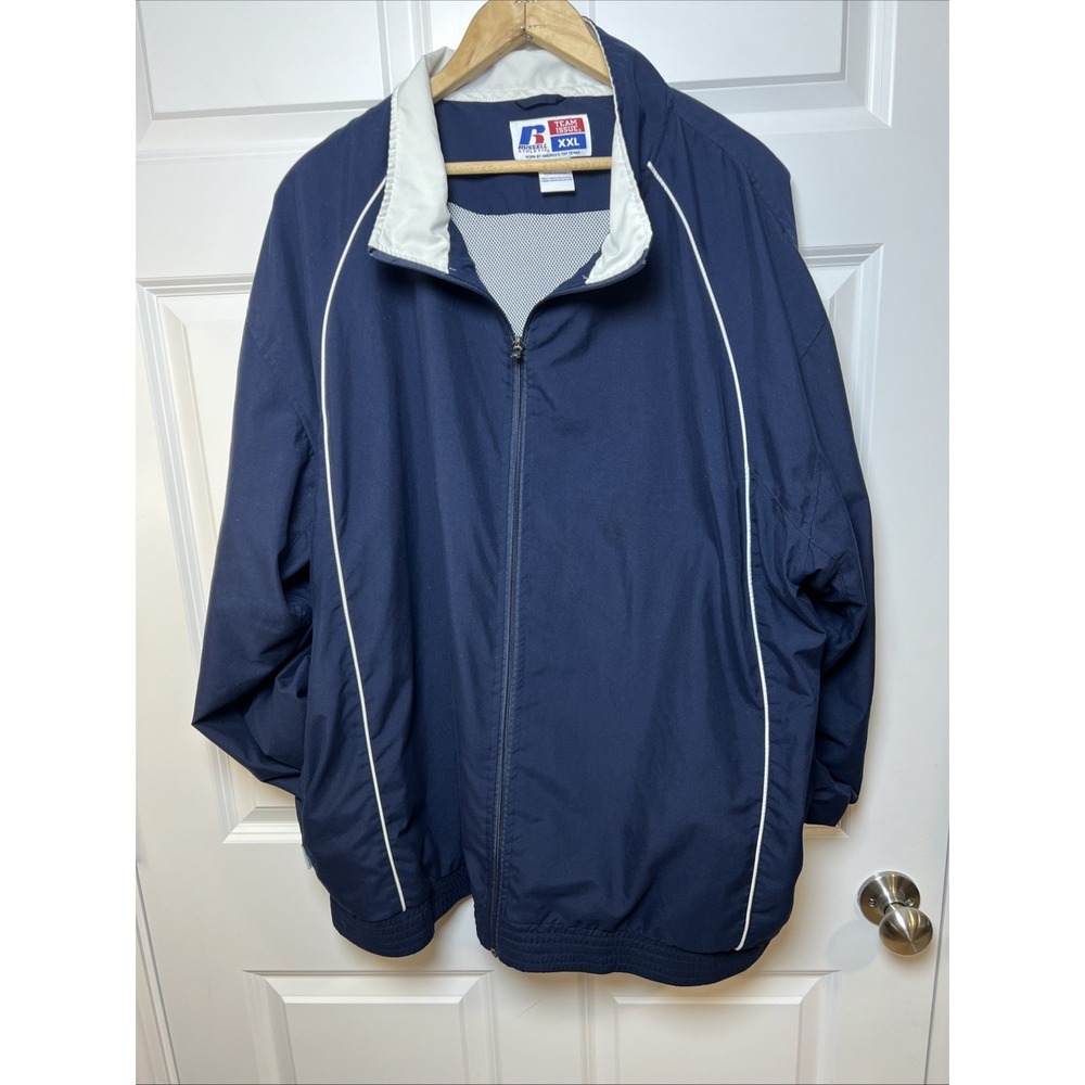 Russell Athletic Team Issue Windbreaker XXL Blue White Mesh Lined Full Zip EUC